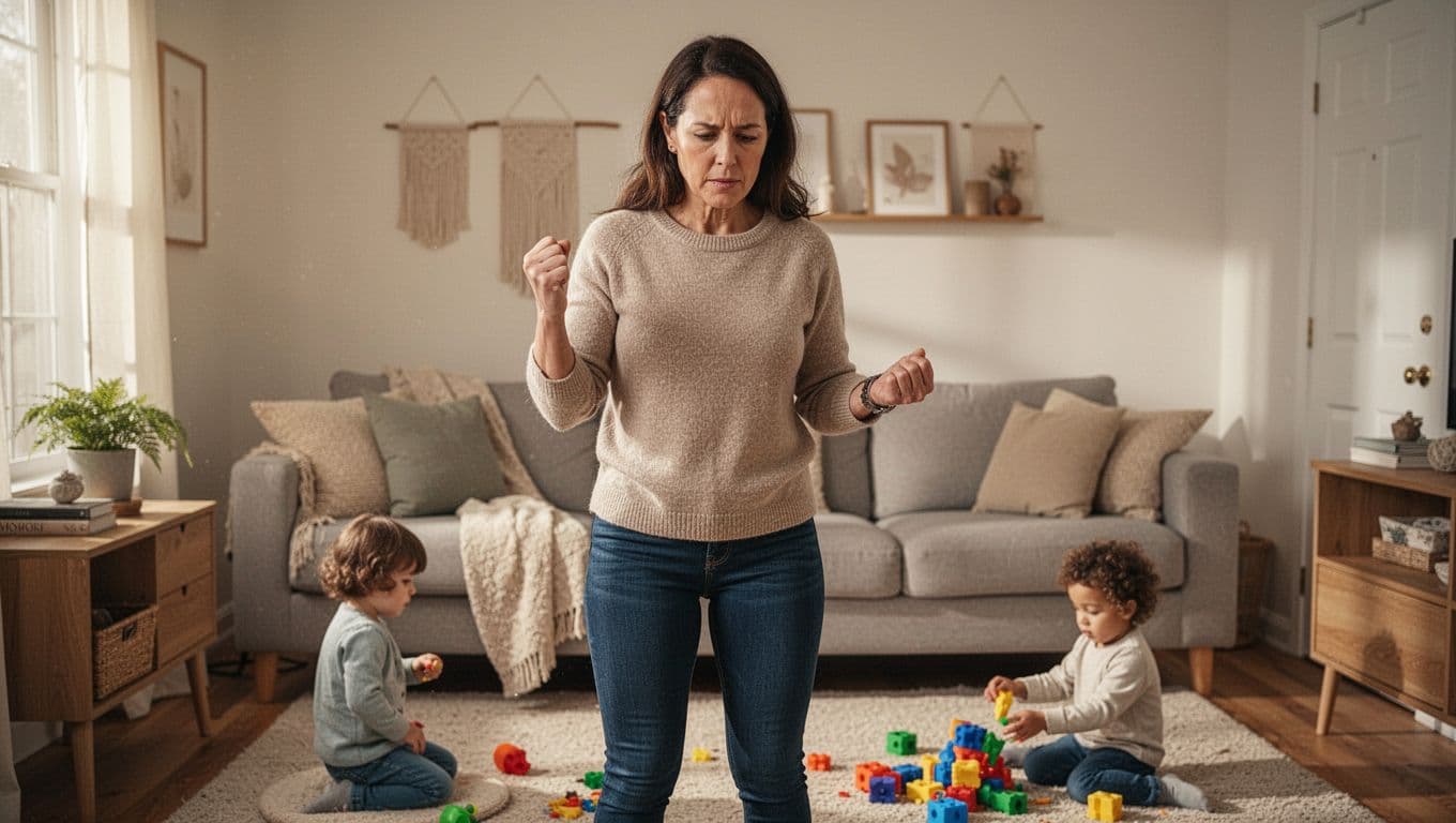 Mother stands in cozy living room with clenched fists and tight shoulders, pausing as two children play nearby.
