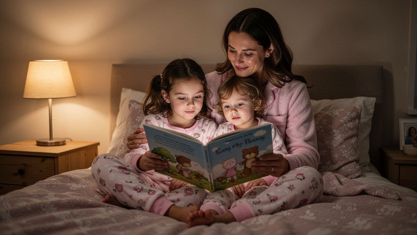 Mother and toddler girl in pajamas sit on soft bed reading colorful picture book under warm lamp light.