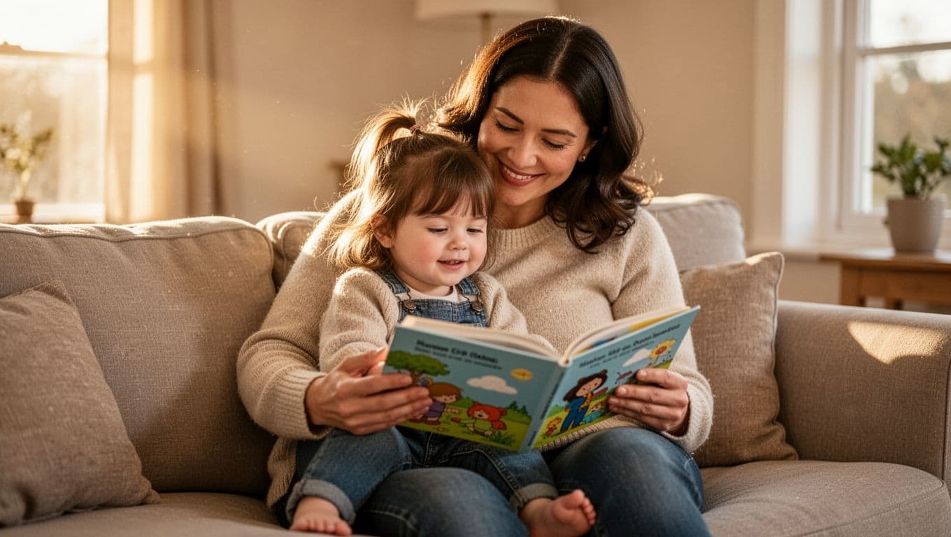 Mother and 18-month-old girl cuddle on couch while reading a colorful picture book.