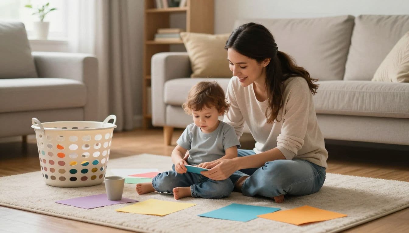 A young woman sits on a soft rug in a sunlit living room with her child. A laundry basket, scattered paper, and plastic cups lie nearby as they play together indoors.