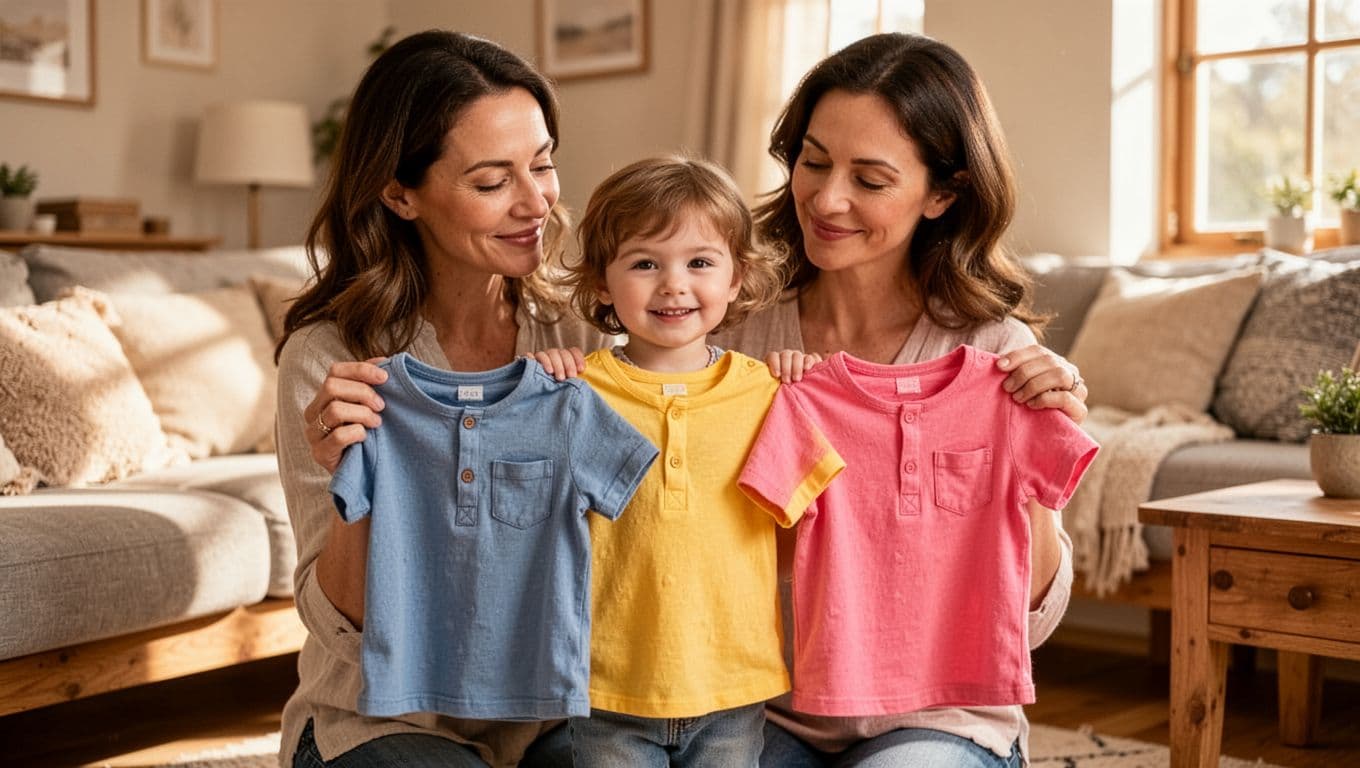 Mother at toddler eye level holds two colorful shirts for her daughter to choose in cozy living room.