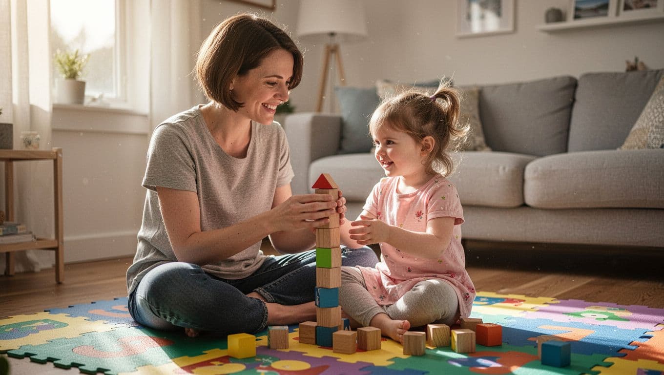 Short-haired mother sits cross-legged on colorful play mat with toddler stacking wooden blocks, both smiling in eye contact.