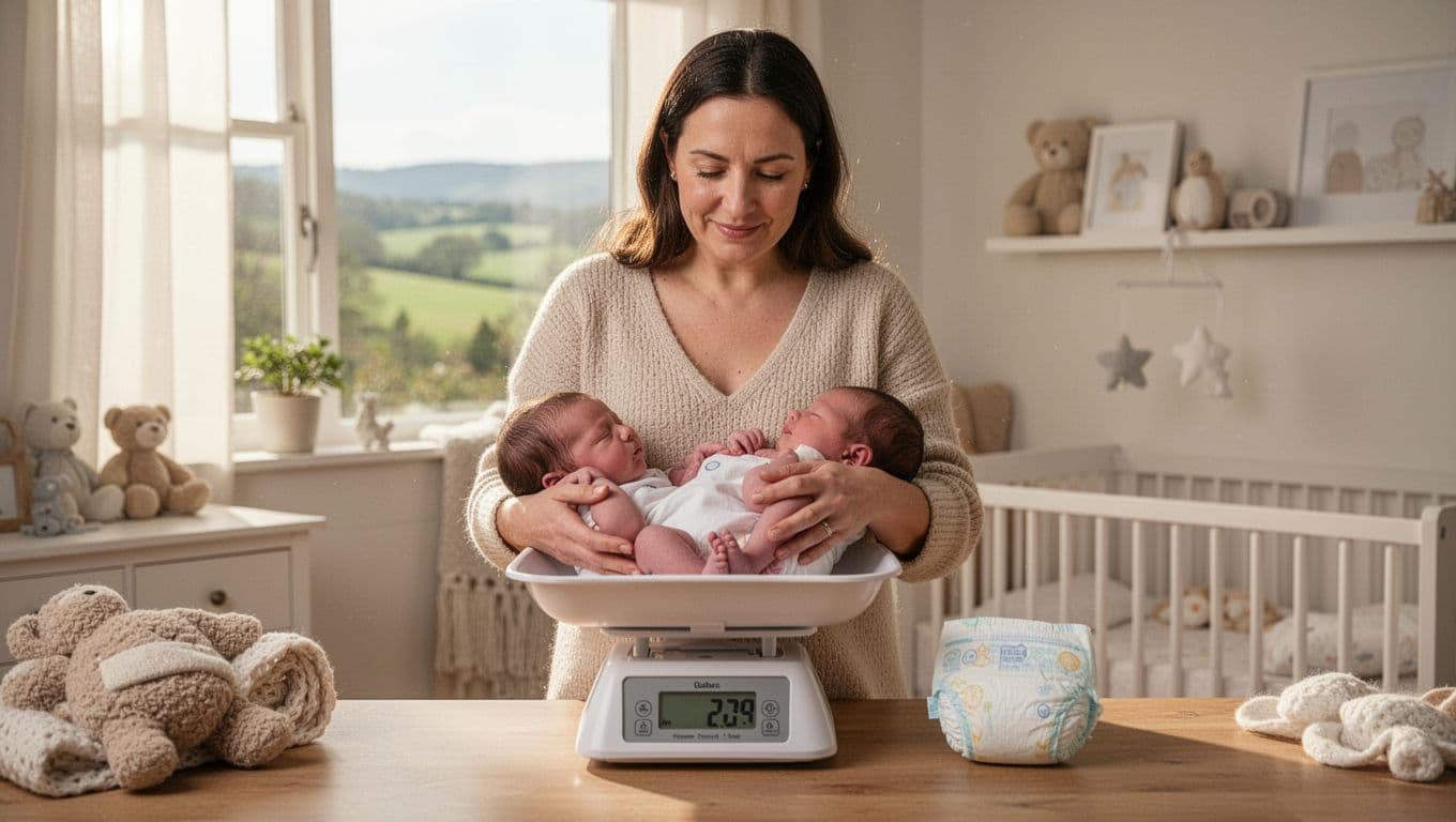 Mother gently weighs newborn baby on kitchen scale and checks wet diaper nearby in cozy nursery.