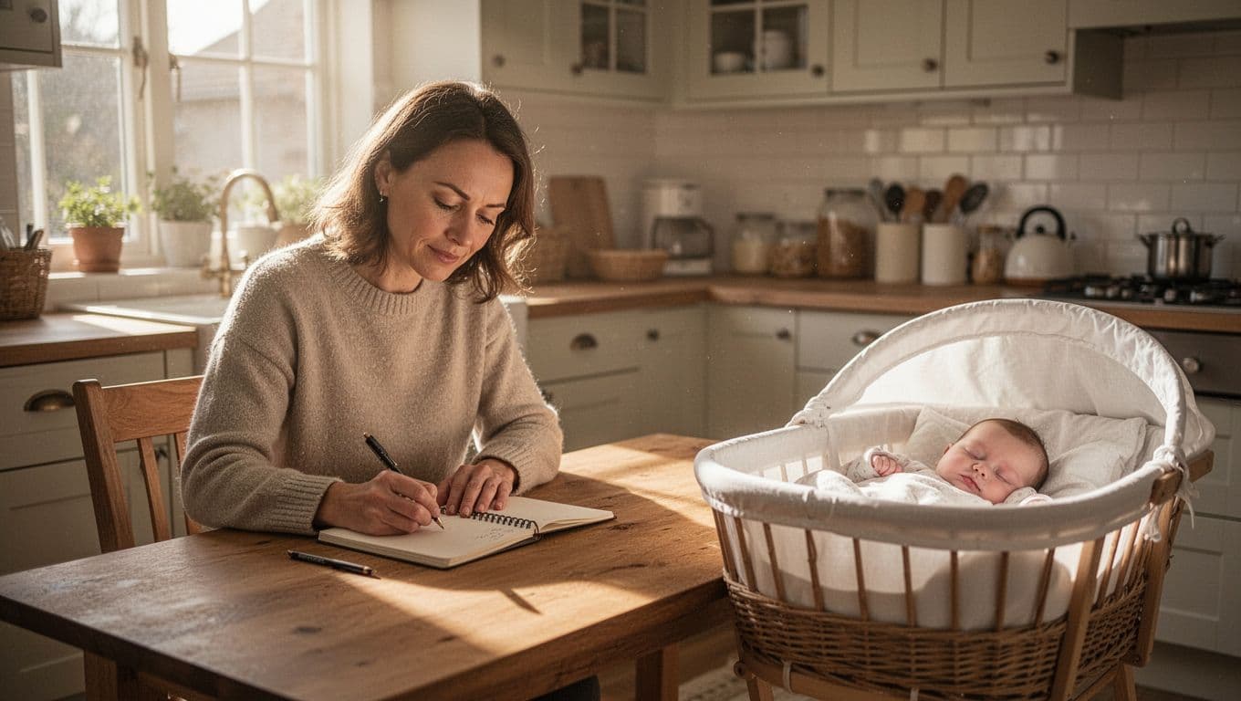 A calm mother at a wooden kitchen table writes a simple daily baby care schedule in a notebook, tracking crying times, with the baby sleeping peacefully in a bassinet nearby in a cozy home with warm morning sunlight.