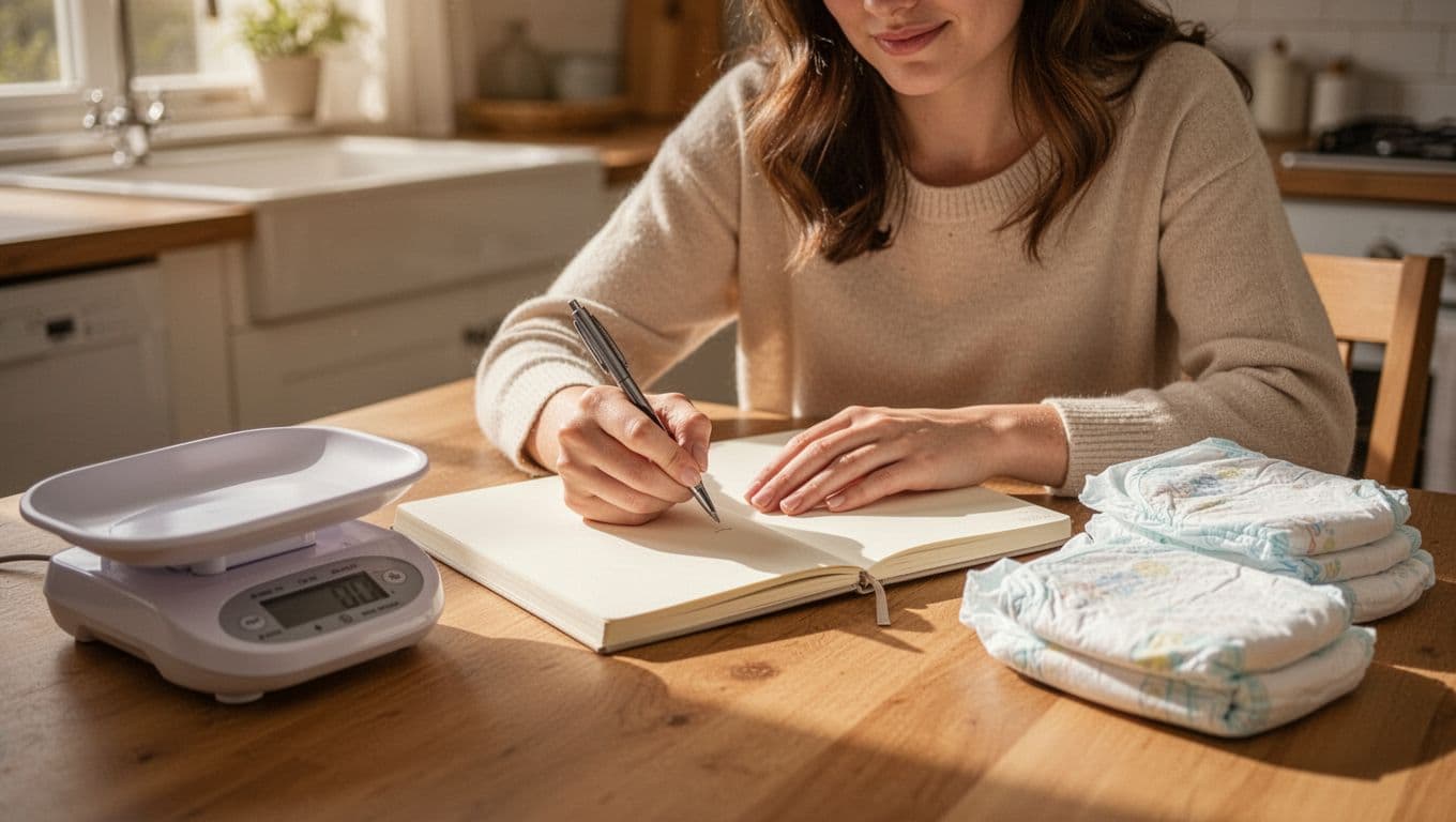 Young mother's hands write in notebook on kitchen table with baby scale and diapers nearby.