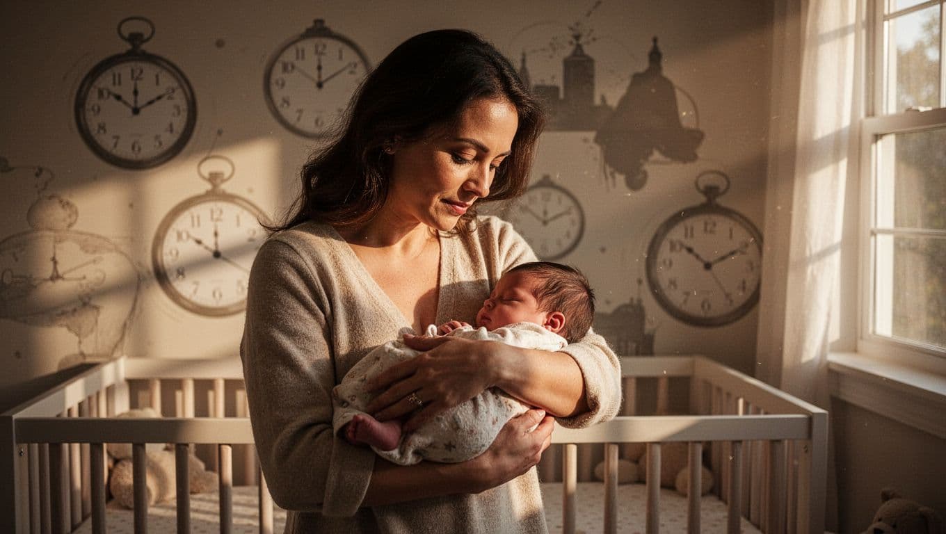 A woman holds her newborn baby in a sunlit nursery, framed by blurred background clocks and shadows that signify the hidden emotional pressures and complex challenges of the postpartum experience.
