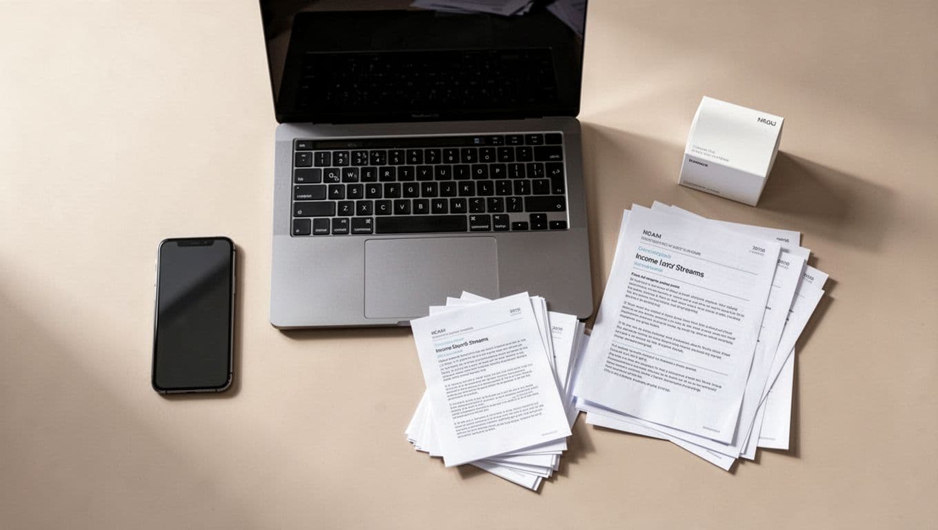 Top view of clean desk with laptop, phone, printable sheets, and product box for income streams.