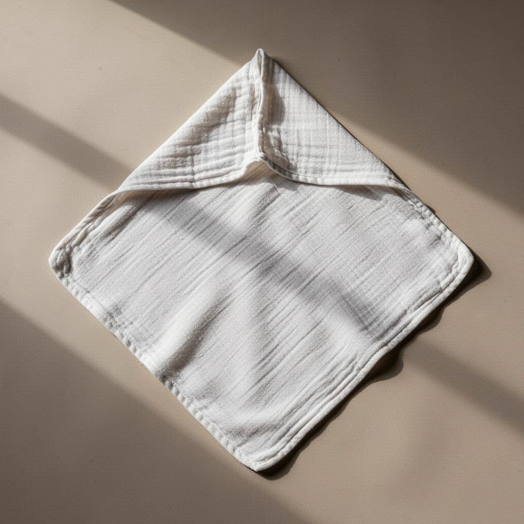 Muslin blanket laid flat in diamond shape on clean surface with top corner folded down six inches.