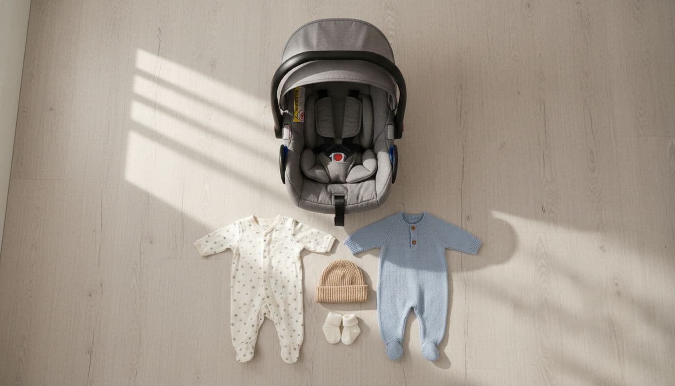 Top-down arrangement of key newborn hospital bag items on a clean nursery floor: rear-facing infant car seat with base, two soft going-home outfits (newborn and 0-3 months), knit baby hat, and socks. Realistic photo in natural daylight, no extras.