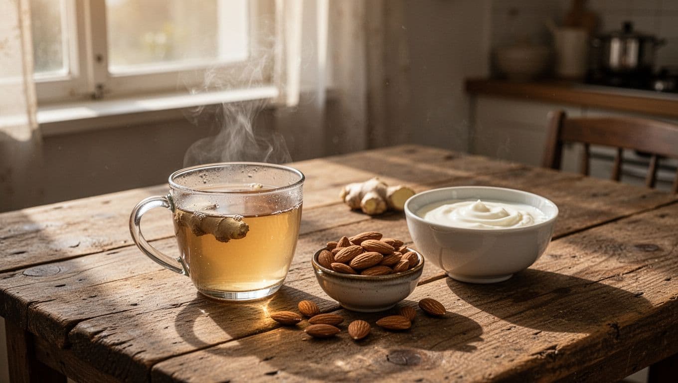 A rustic wooden tabletop features a steaming mug of ginger tea placed beside a small bowl of raw almonds and a dish of creamy white yogurt under soft morning sunbeams.