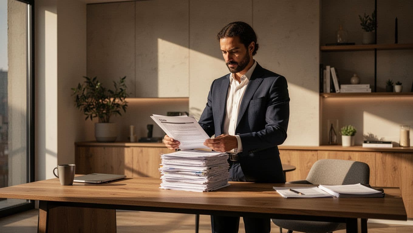 A focused professional stands at a polished wooden desk, carefully reviewing job offer papers in a contemporary home office. Warm sunlight creates high-contrast shadows across the minimalist, organized workspace.