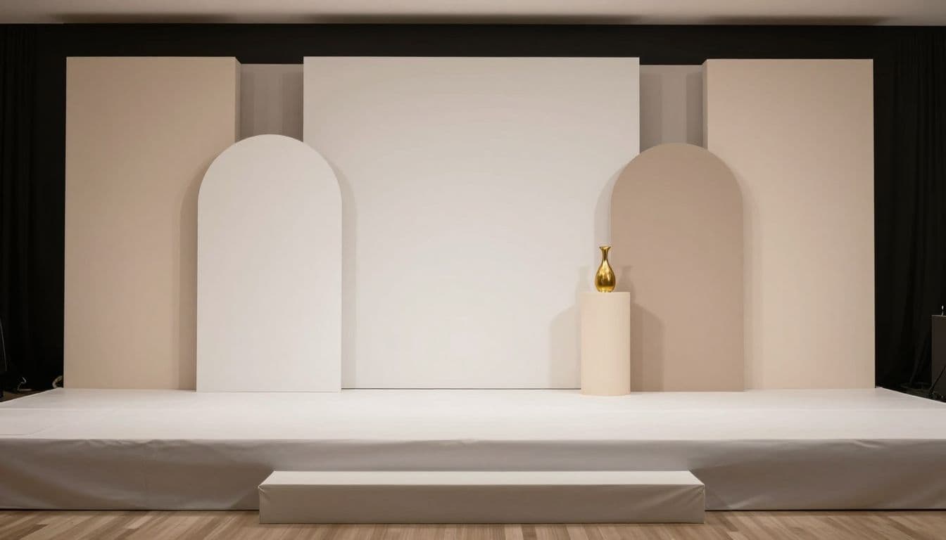 A stylish event stage features elegant beige and taupe drapery accented by soft white floral arrangements. Shimmering gold pedestal stands hold minimalist decor pieces under warm, focused overhead cinematic lighting.