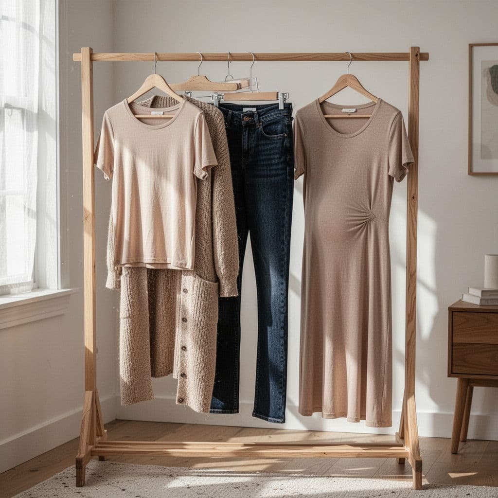 Rack holds neutral-toned maternity tees, cardigan, jeans, and jersey dress in cozy home.