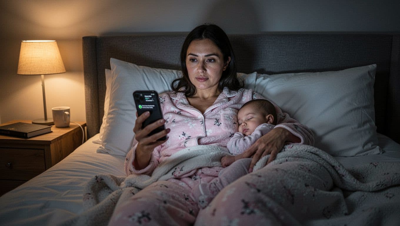 New mom in pajamas lies in bed holding phone with notification, sleeping baby beside her in dim light.