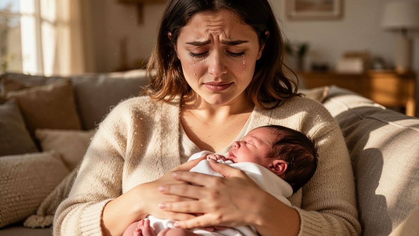 Young mother cradles newborn in sunlit living room, eyes showing joy and worry.