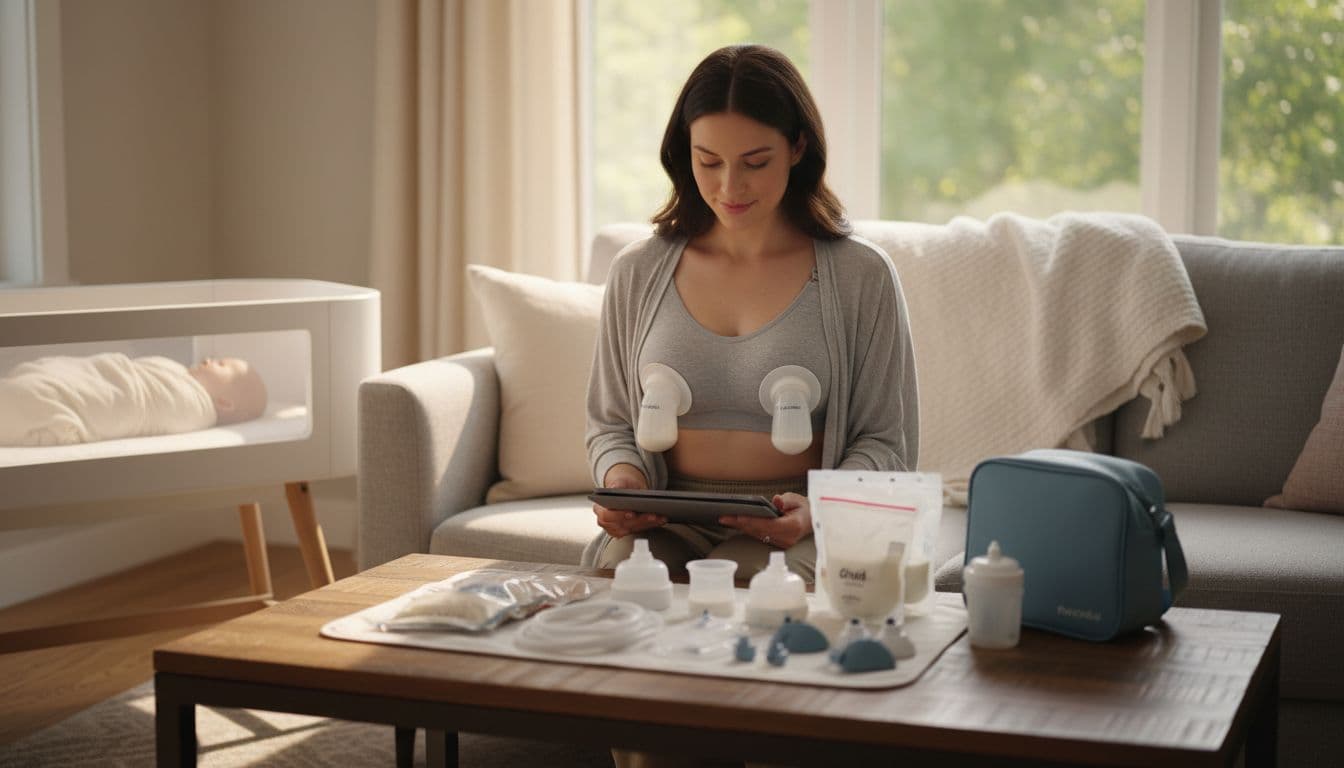 A relaxed new mom uses a hands-free breast pump with properly fitted flanges in a comfortable home, surrounded by milk storage bags, a cooler bag, and extra parts, with her baby in a nearby bassinet.