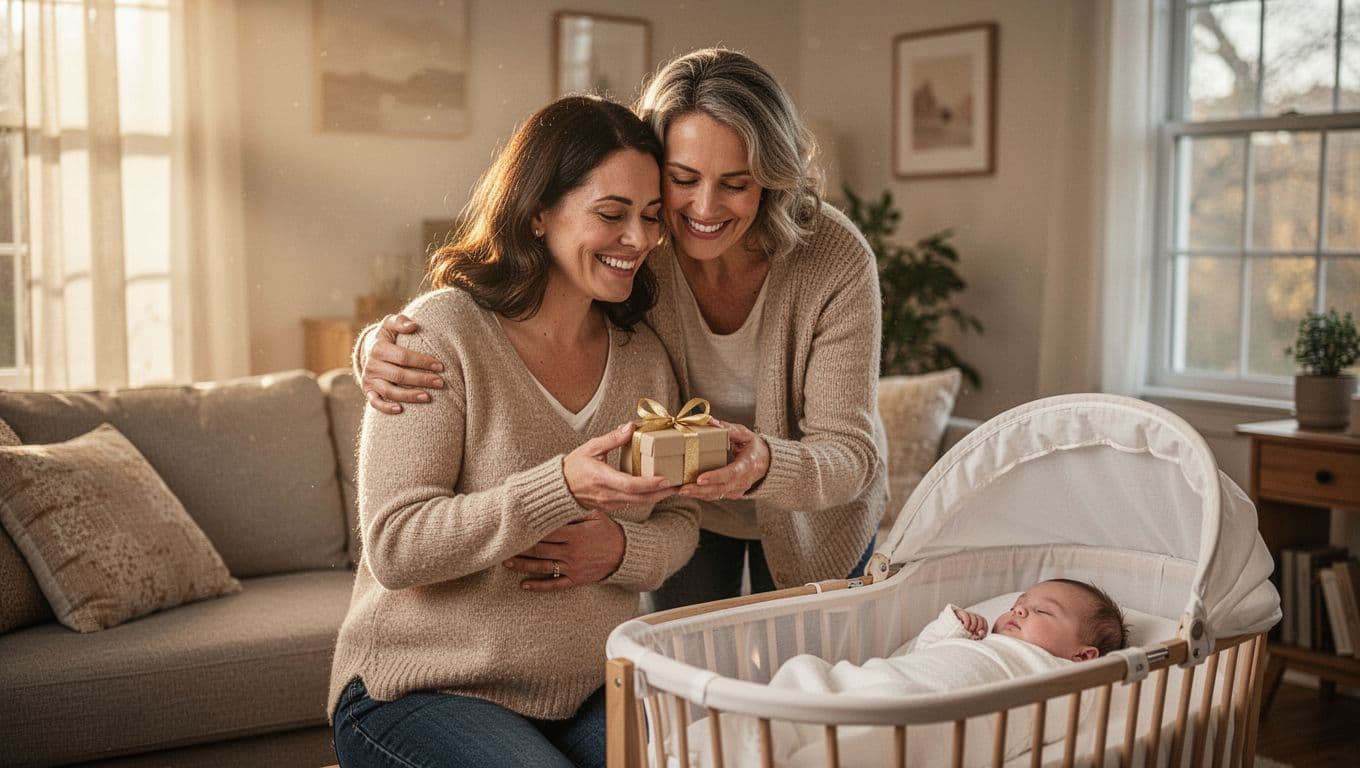 Smiling new mom in living room receives hug and small gift from family member, baby in bassinet nearby.