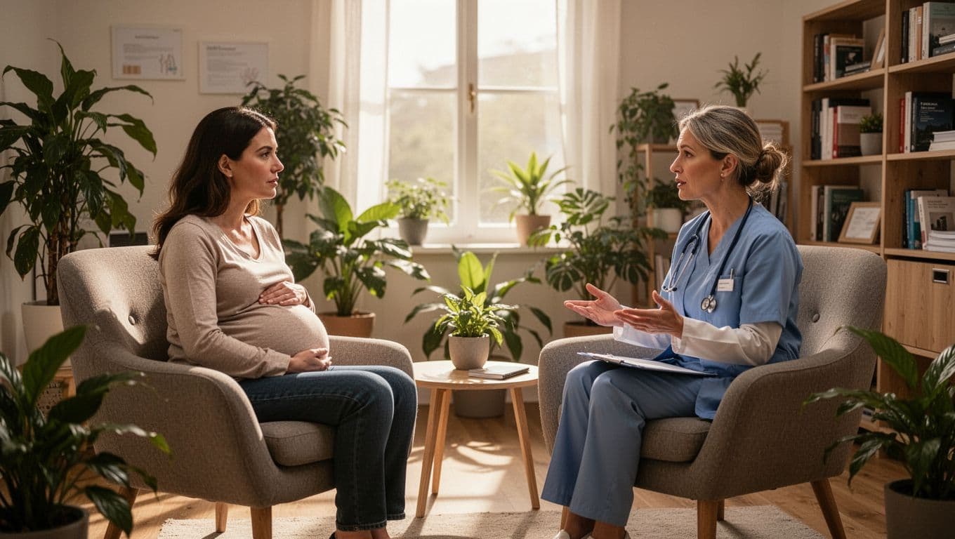 A new mother in her early 30s sits in a bright, comfortable therapist or midwife office, talking openly with a kind female healthcare professional in her 40s; both appear relieved and connected in a warm, professional atmosphere with natural daylight.