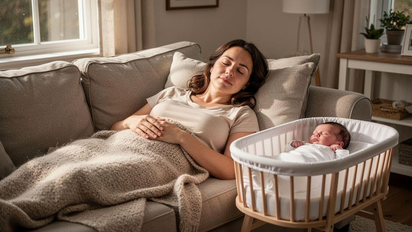A new mother in her early 30s rests with eyes closed on a cozy living room couch during daytime, while her newborn sleeps peacefully in a bassinet nearby, in soft natural light and a serene home atmosphere.