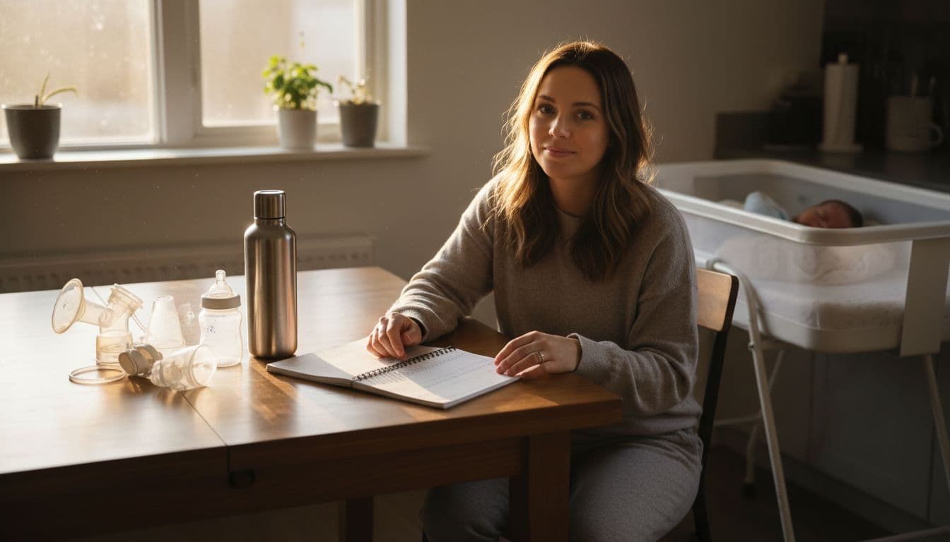 Relaxed new mother at home kitchen table organizing simple breastfeeding and pumping routine in open notebook with handwritten notes, breast pump parts cleaned nearby, baby bottle and insulated water bottle, newborn napping in bassinet, warm morning sunlight.
