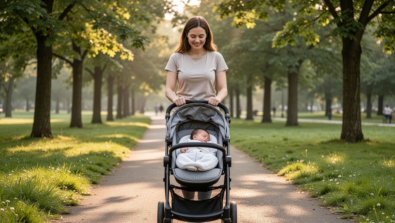 A relaxed new mother in her early 30s pushes a stroller with her sleeping newborn along a sunny park path in soft early morning light, wearing casual leggings and t-shirt, with green trees and grass in the background.