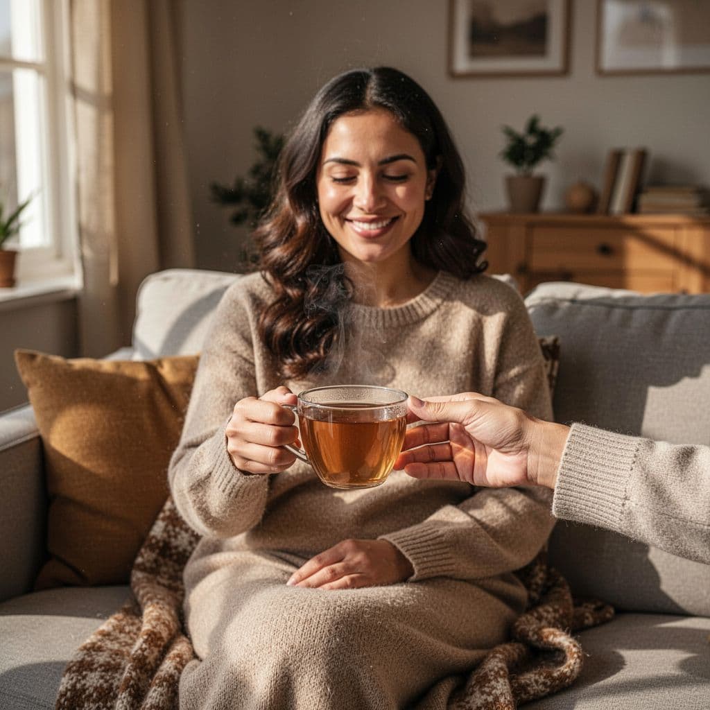 A smiling new mother sits on a cozy couch while a friend hands her tea.