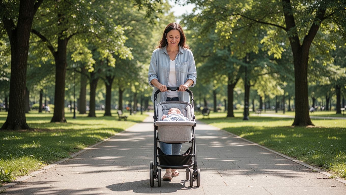 New mother in comfortable clothes gently walks sunny park path pushing stroller with newborn, relaxed smile.