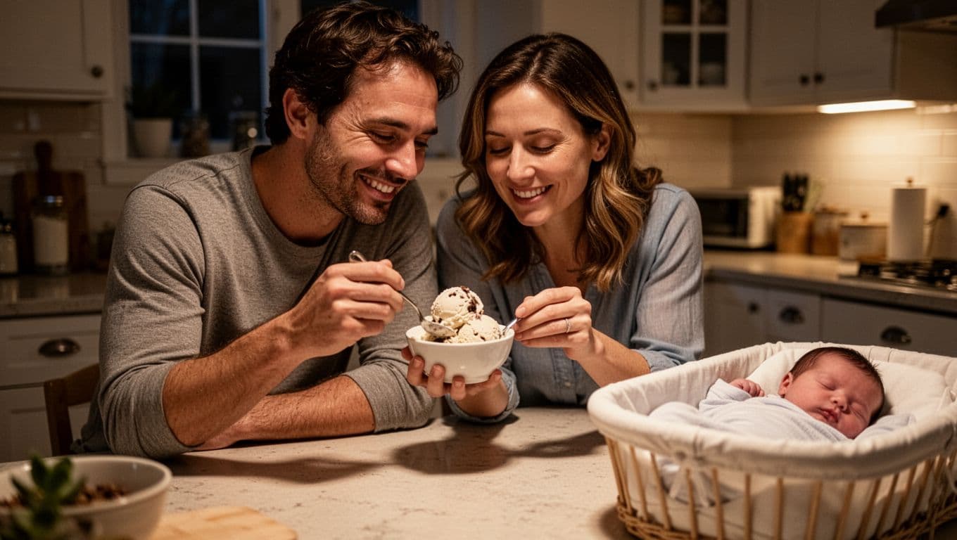 Two relaxed parents share ice cream from one bowl in cozy kitchen, baby asleep in bassinet nearby.