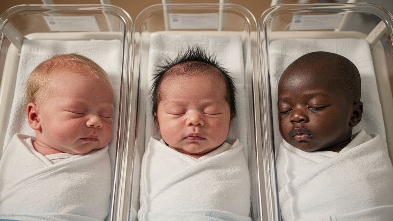 Three newborns side by side in hospital bassinets: Caucasian with thick light hair, Asian with light fuzz, African American bald.