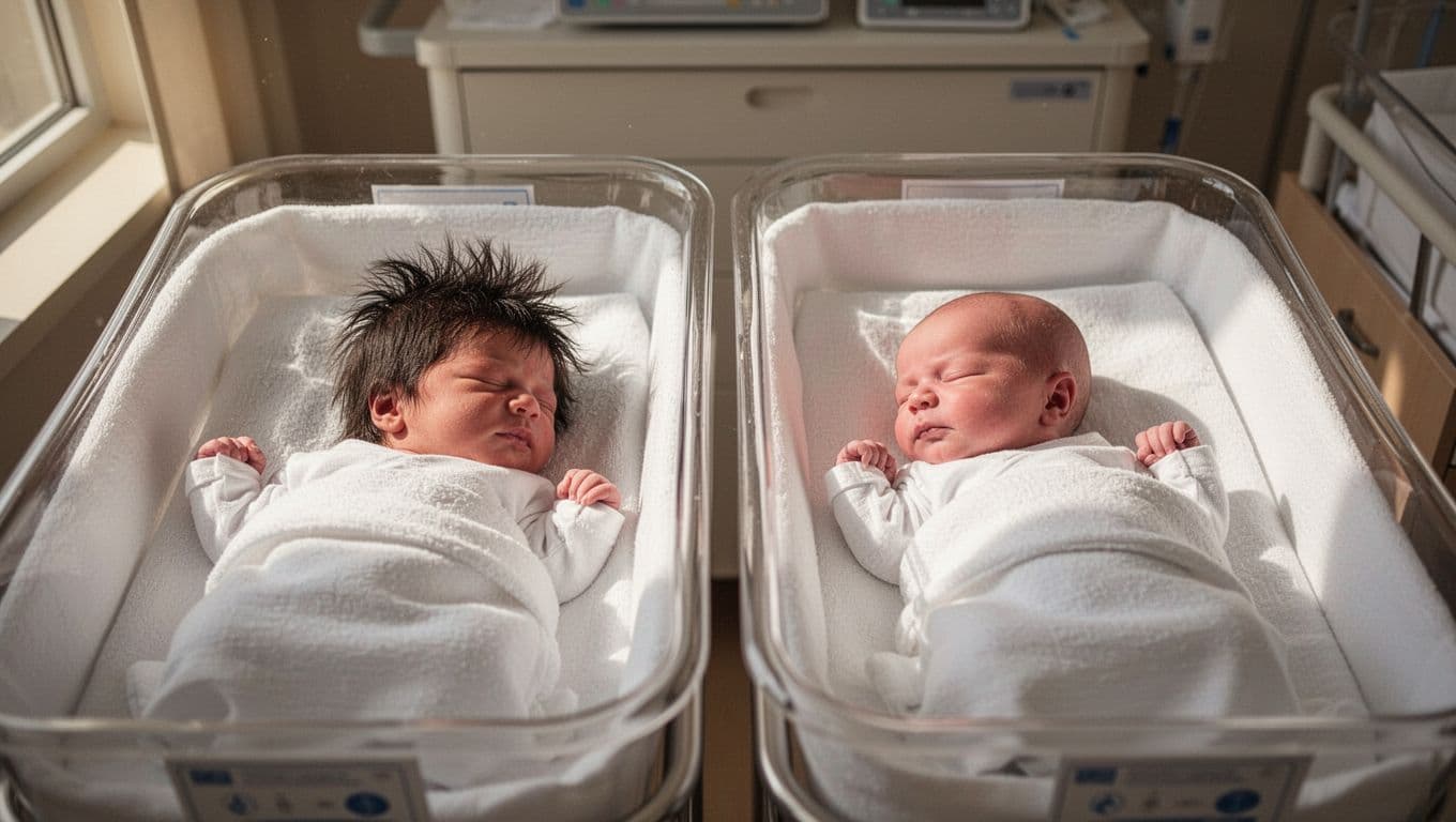 Two newborns side by side in white bassinets, one with thick dark hair, the other bald.