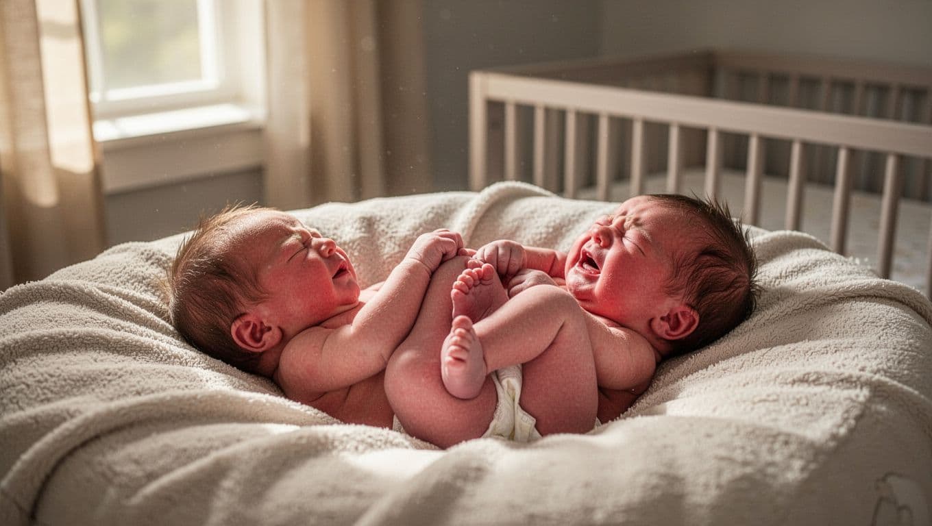 Newborn baby on a soft blanket in a cozy nursery, showing classic colic signs: legs drawn up to tummy, fists clenched tightly, face flushed red from crying, body arched slightly.