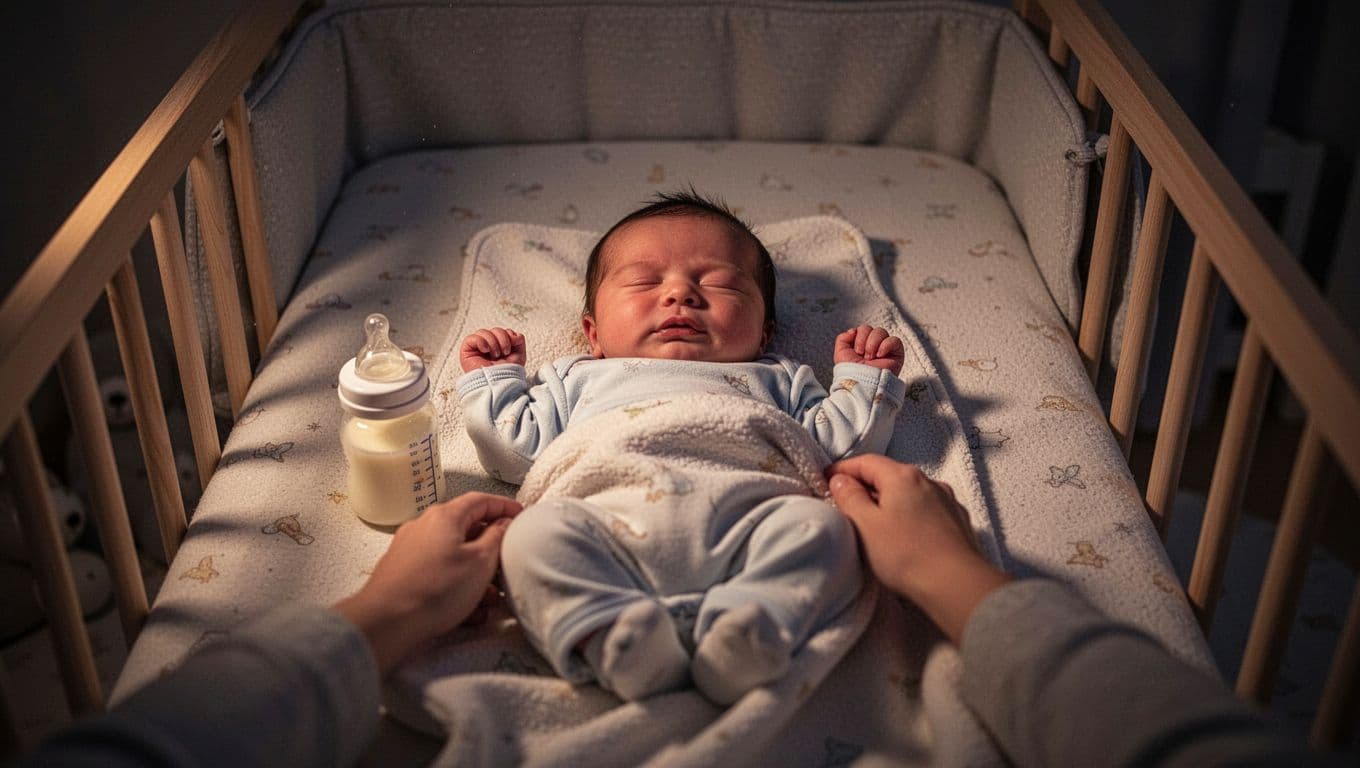 Newborn baby in cozy crib at night under soft lighting, stirring slightly with small stomach visible and milk bottle nearby.
