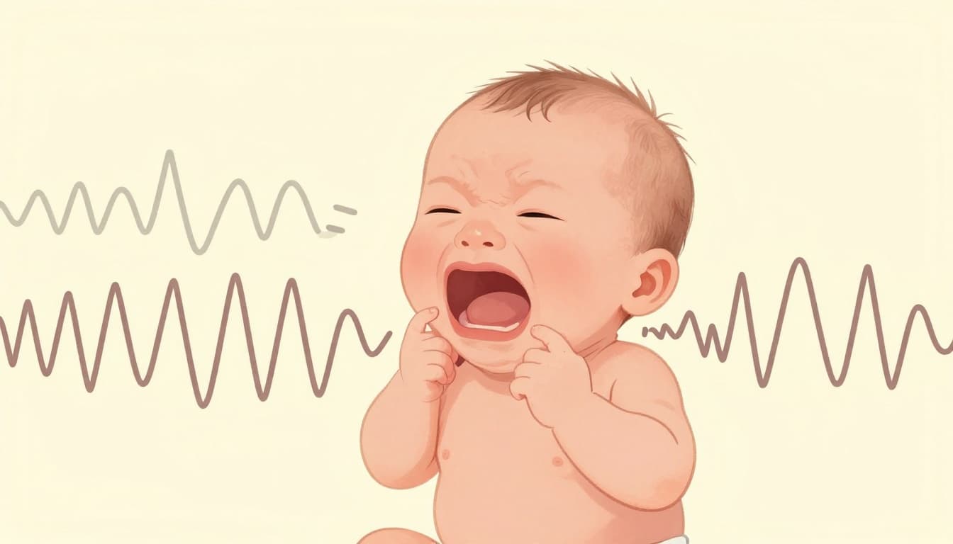 Newborn baby's crying face in nursery with three overlaid sound waves for hunger, pain, and tiredness.