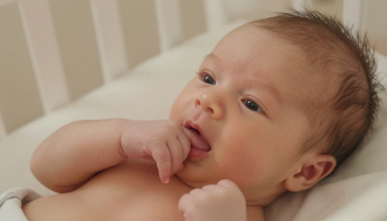 Newborn in crib sucks fingers, turns head rooting, purses lips smacking, dim nursery background.