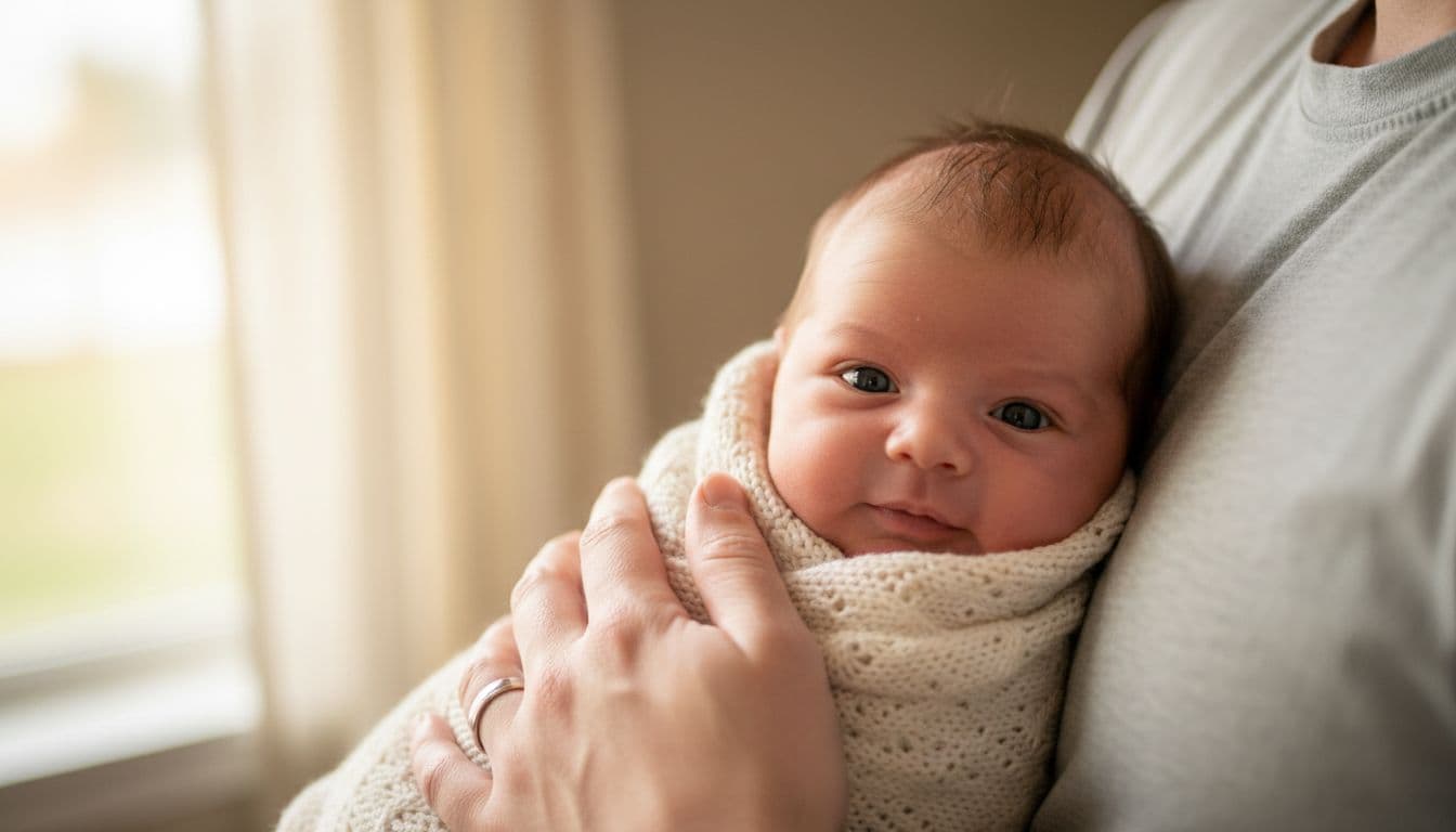 A newborn baby makes direct eye contact with a parent holding them close in a cozy blanket wrap, featuring a subtle smile or calm expression in a warm home setting with realistic photo style.