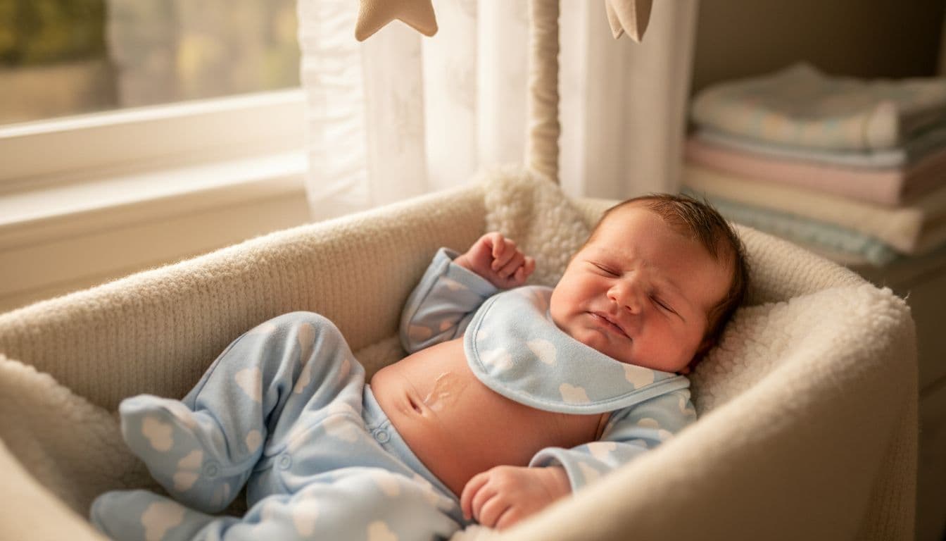 Realistic photograph of a newborn baby in a cozy nursery crib displaying mild gas discomfort, slight bloating, spit-up on bib, and legs drawn up, lit by warm natural window light.