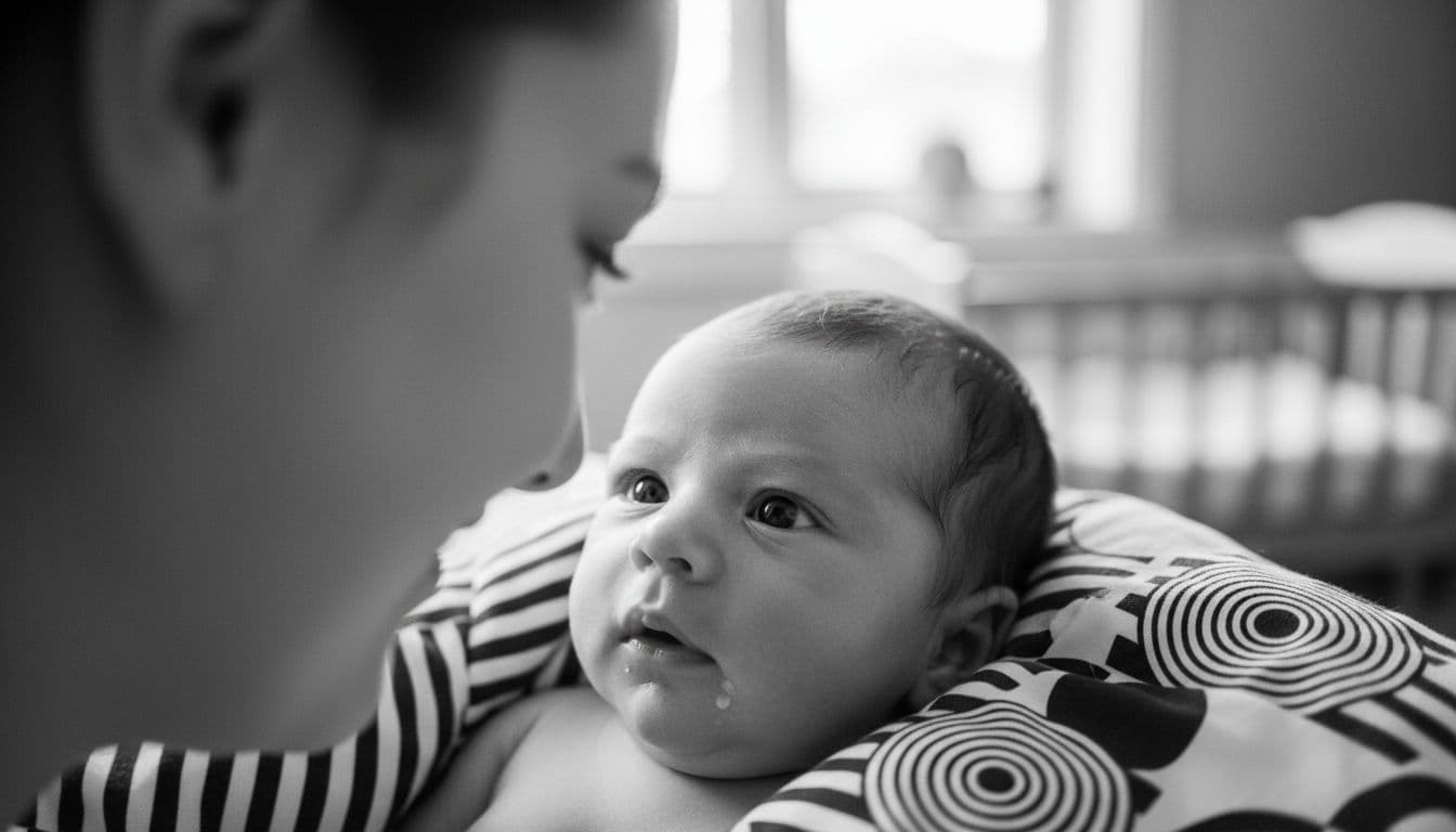 Close-up realistic photo of a newborn baby during feeding, eyes tracking the blurred parent's face 8-12 inches away, with nearby high contrast black and white patterns, soft home lighting, focus on baby's eyes.