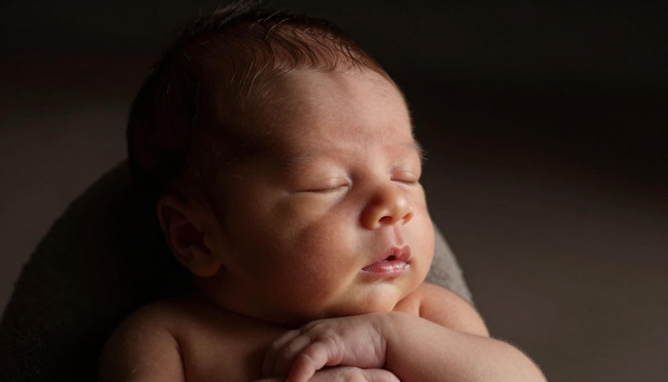 A close-up shot captures a newborn baby girl resting with her eyes closed. Dramatic side lighting emphasizes her soft skin texture and delicate features against a dark, moody background.