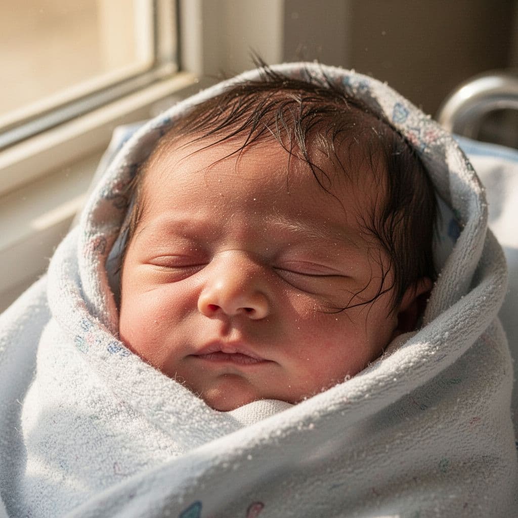 Close-up of sleeping newborn in hospital blanket with hair strands on forehead and cheek.