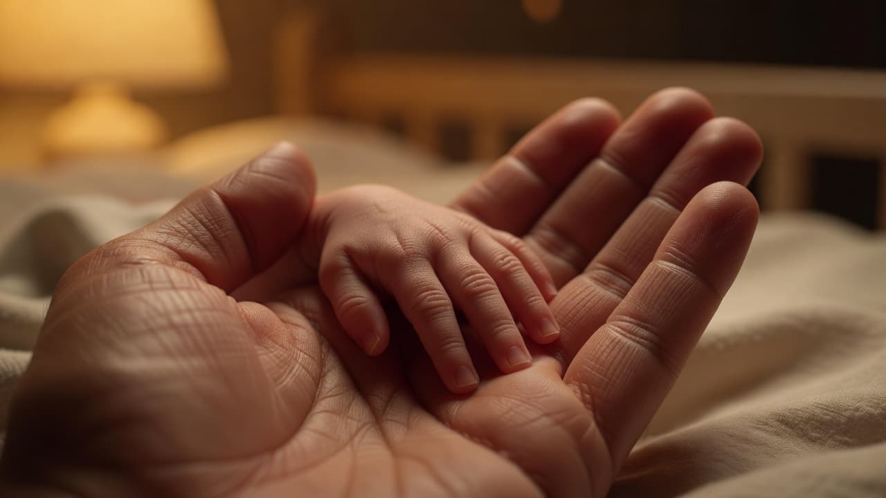 A tiny newborn hand rests delicately upon an adult palm, capturing a tender moment. Soft golden light illuminates the skin, highlighting the intricate texture and soft creases of the infant fingers.