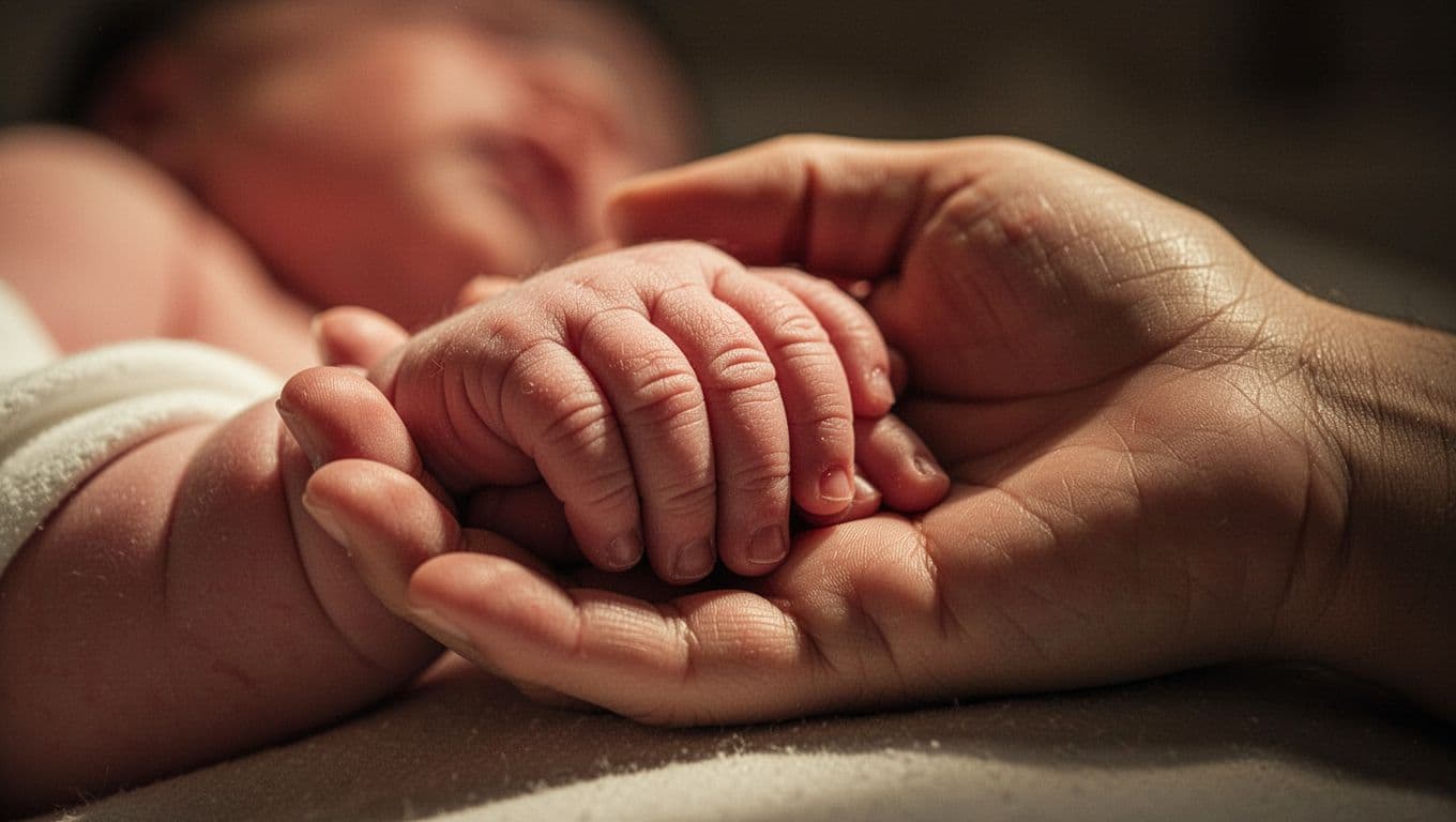 A tiny, delicate newborn hand rests securely against the palm of a larger adult hand. Golden light highlights the soft skin texture and fine details in this intimate cinematic close-up shot.