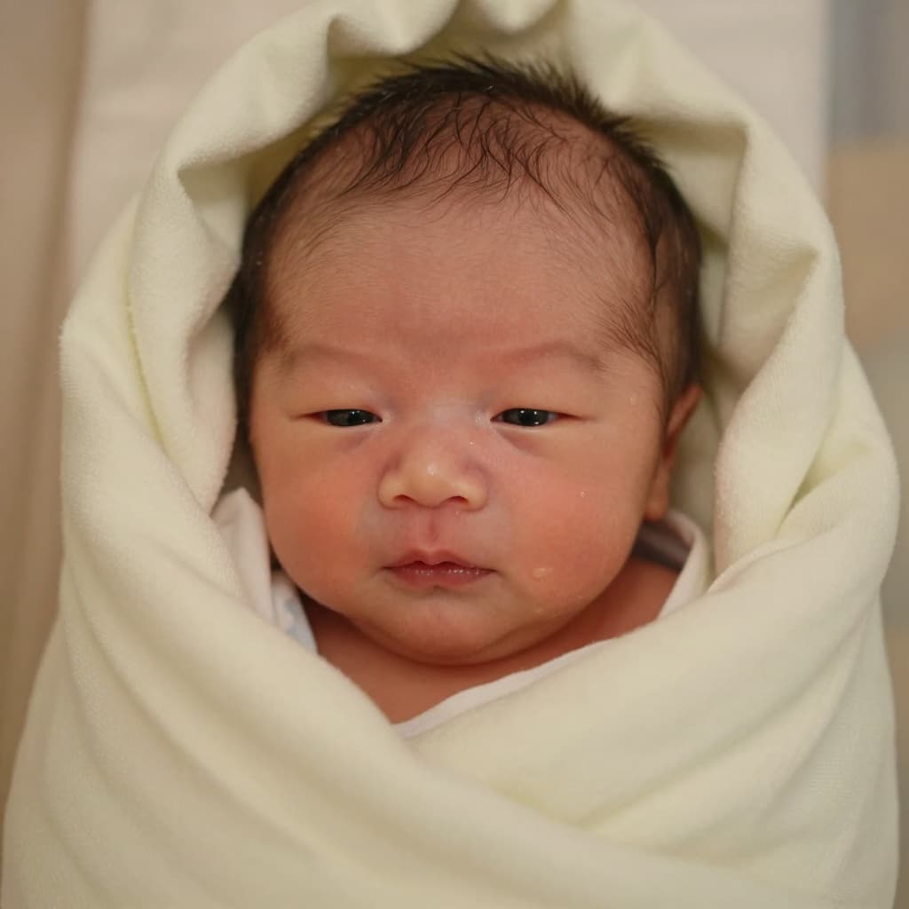 Close-up of newborn baby's head and face wrapped in hospital blanket.