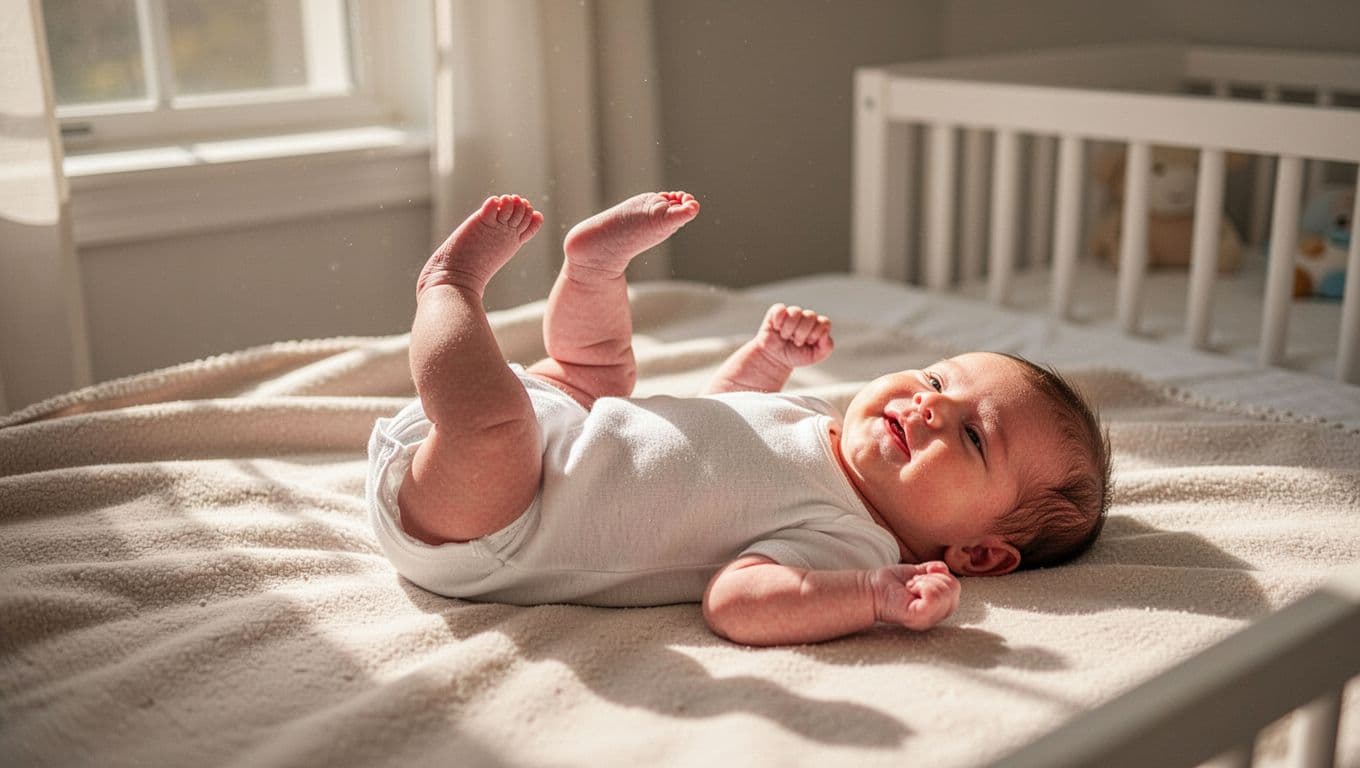 Newborn baby lies on back on soft blanket in bright nursery, legs kicking upward with relaxed arms and content expression.