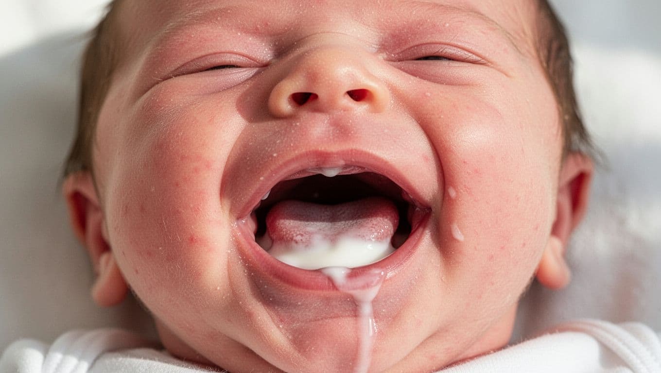 Close-up of happy newborn's open mouth with thin white milk residue on tongue, pink gums and cheeks.