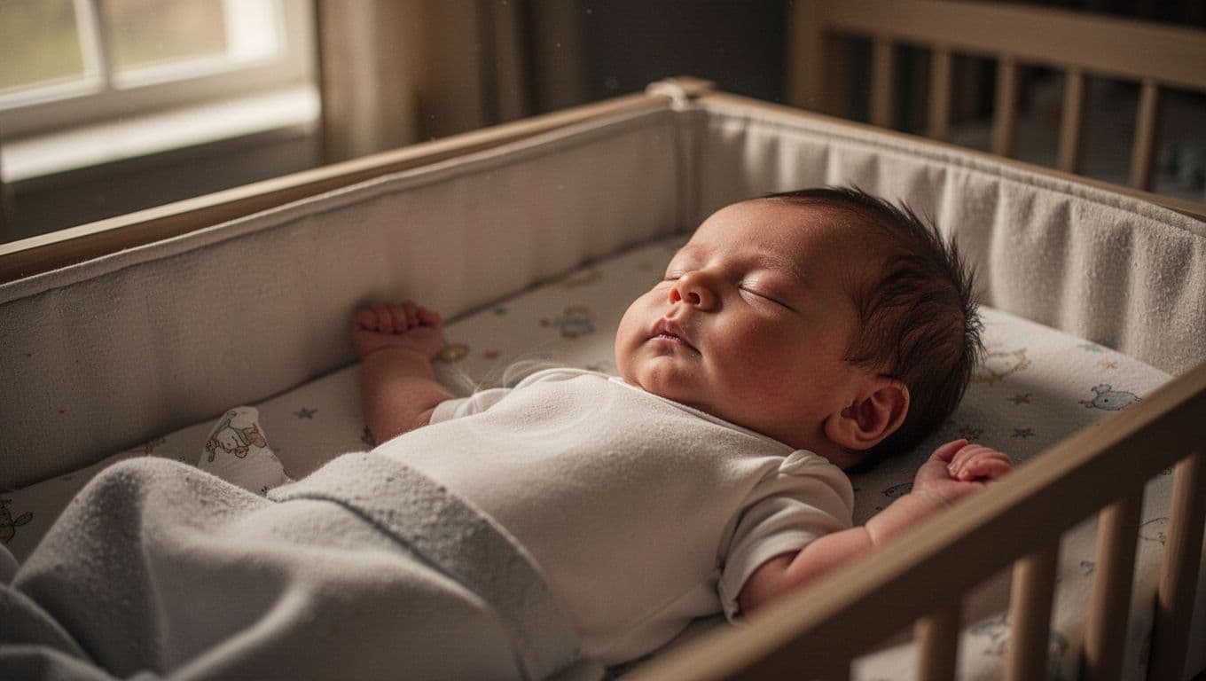 Newborn baby lies peacefully in soft crib, chest gently rising and falling.