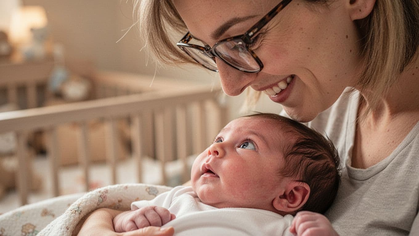 Close-up of newborn baby's wide-open eyes staring at smiling parent's face with glasses above.