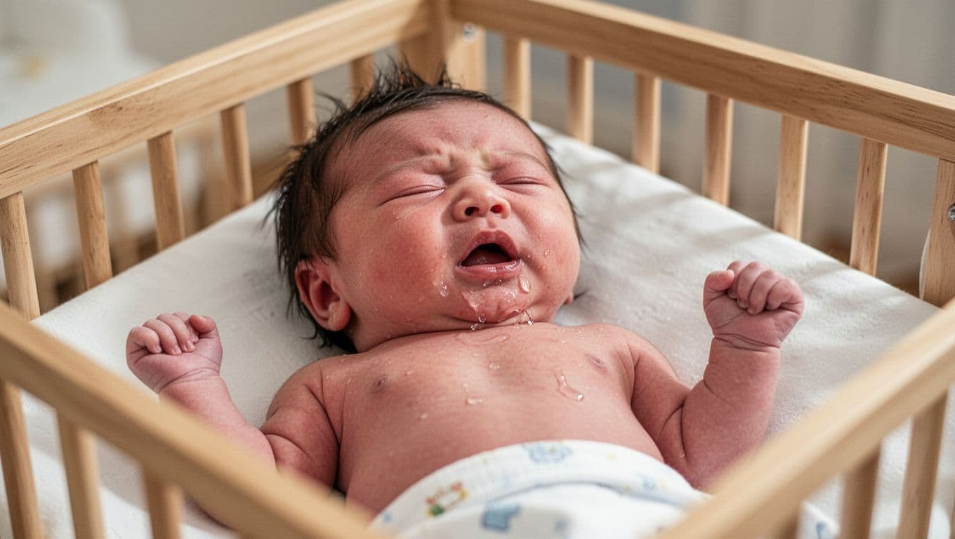 Close-up of newborn baby's face and upper body in crib, chest rising and falling quickly.
