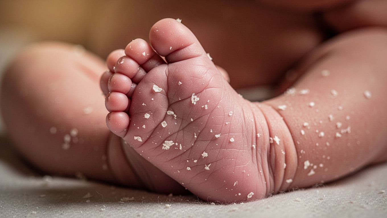 A close-up view captures a newborn baby's delicate foot showing natural, gentle skin flaking. The soft-focus background emphasizes the tiny, textured skin in dramatic, warm light that highlights natural skin adjustment.