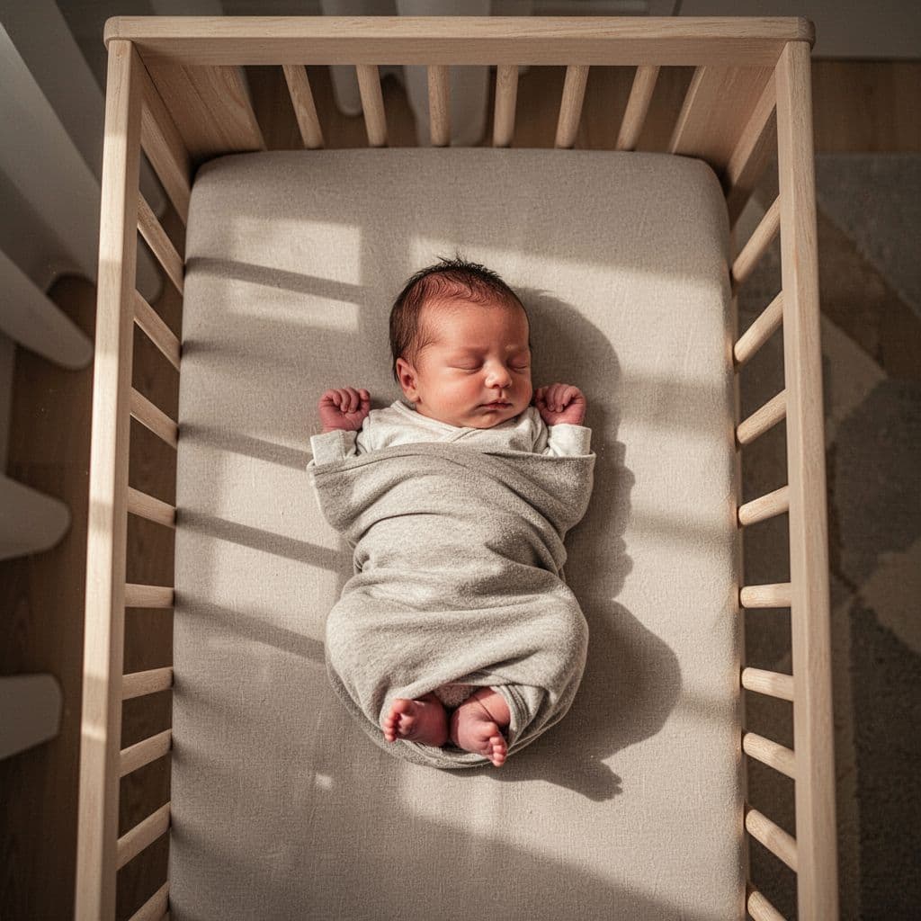 Top-down view of newborn baby sleeping in neutral-colored crib with soft warm lighting.