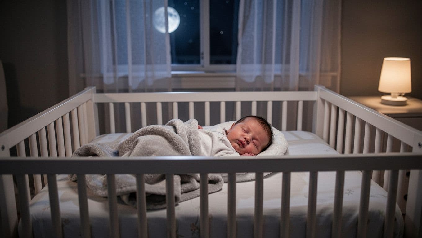 Newborn baby sleeps in white crib in moonlit nursery with nightlight glow and partial blanket cover.